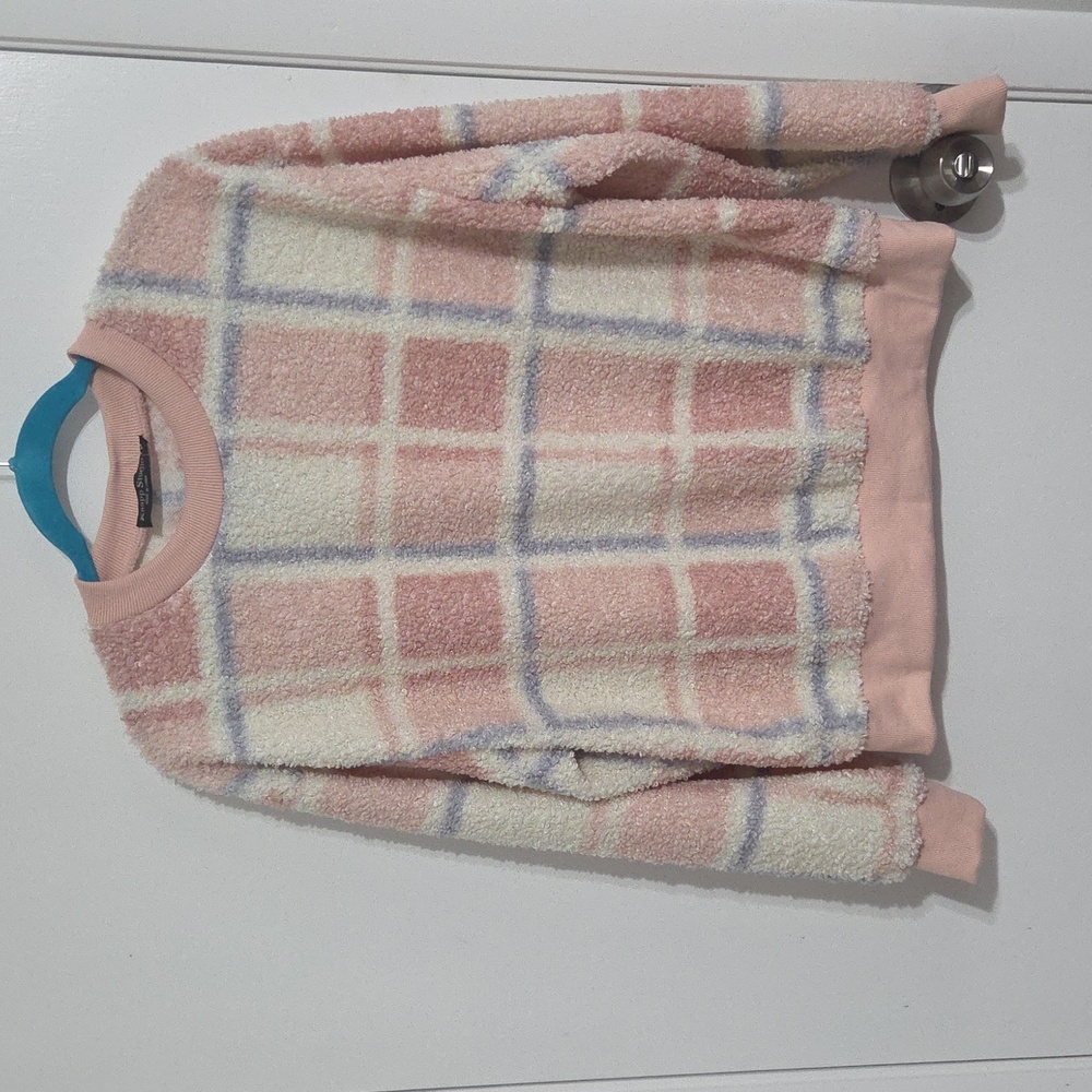 Plaid Pink and Cream Women's Crew Neck Sweater